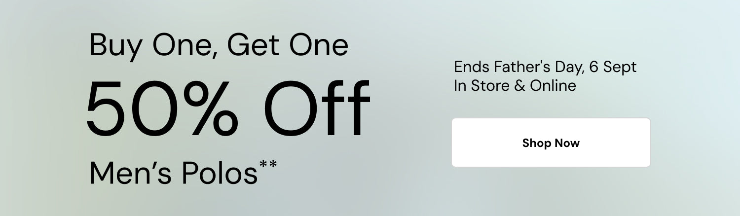 Promotional banner for a 50% off deal on men's polos, featuring the text 'Buy One, Get One 50% Off Men's Polos' on a light gray gradient background with a white 'Shop Now' button.