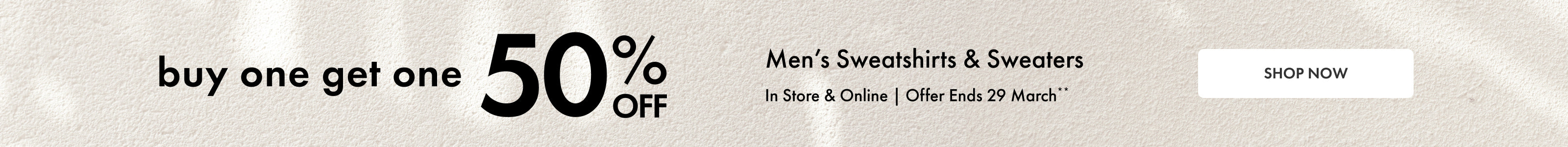 Promotional banner for men's sweaters and sweatshirts with a buy one get one 50% off offer. 