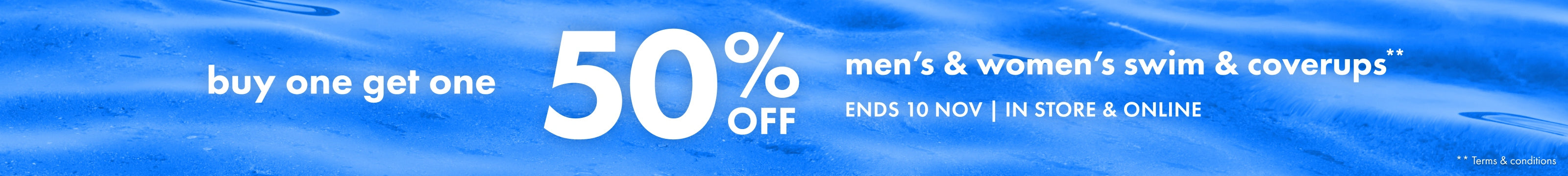 Promotional banner with 50% off offer on men's and women's swim and coverups, set against a blue water background.