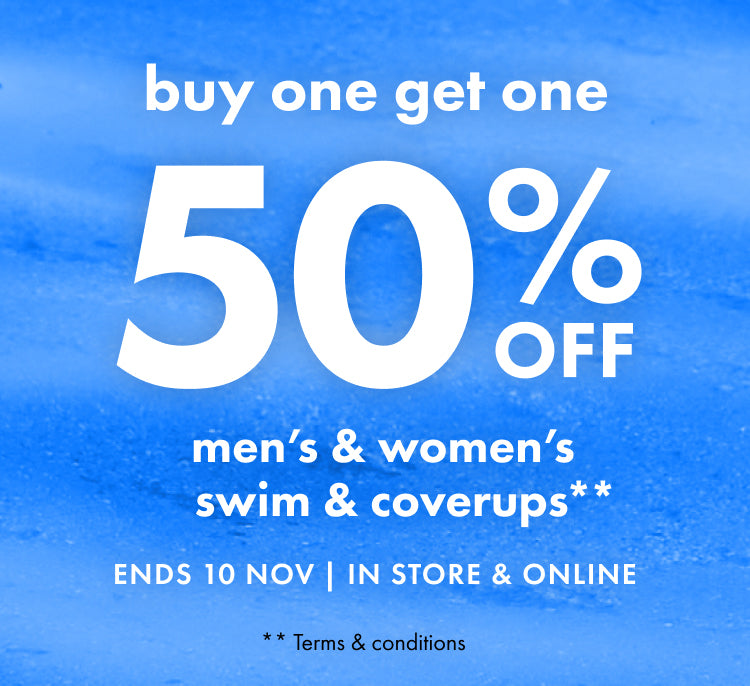 Promotional text for a buy one get one 50% off offer on men's and women's swim and coverups with a blue background.