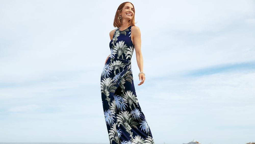 Woman in Tommy Bahama Maxi Print Dress